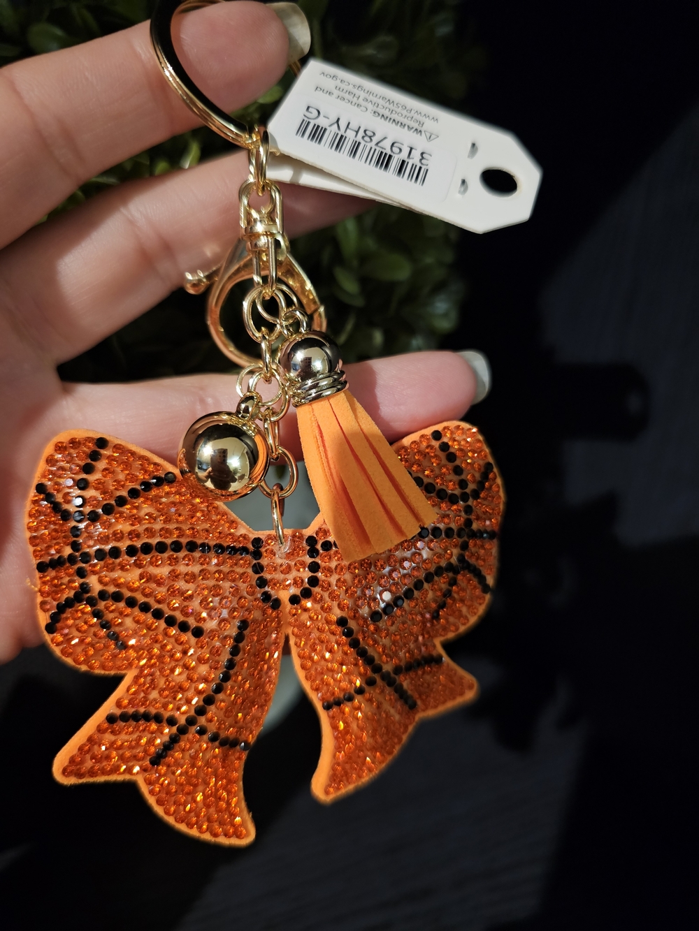 Orange Rhinestone Basketball Bow Keychain with Tassel
